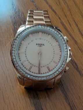 Fossil Rose Gold Tone Crystal-Accented Hybrid Watch.
